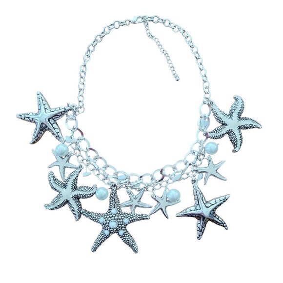 Nautical Necklace Starfish and Faux Pearls Silver Tone Mermaidcore - Picture 1 of 13